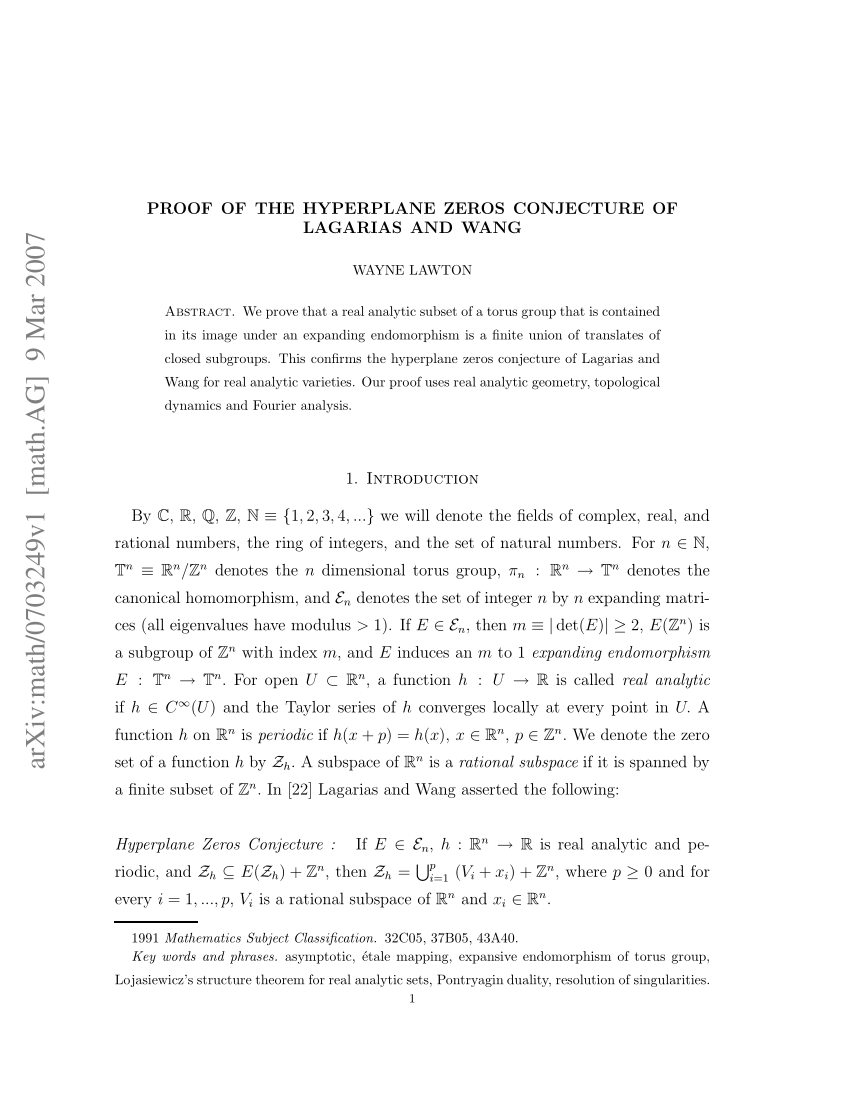 Pdf Proof Of The Hyperplane Zeros Conjecture Of Lagarias And Wang