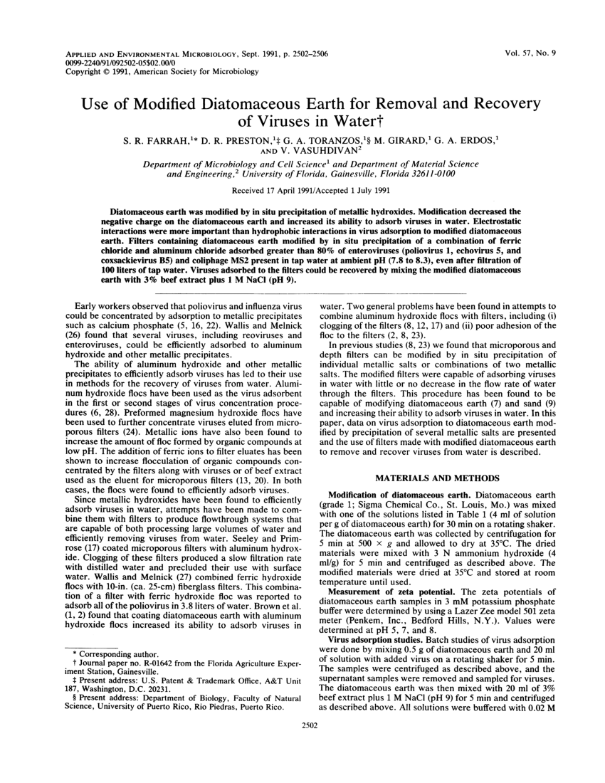 Pdf Use Of Modified Diatomaceous Earth For Removal And Recovery Of Viruses In Water