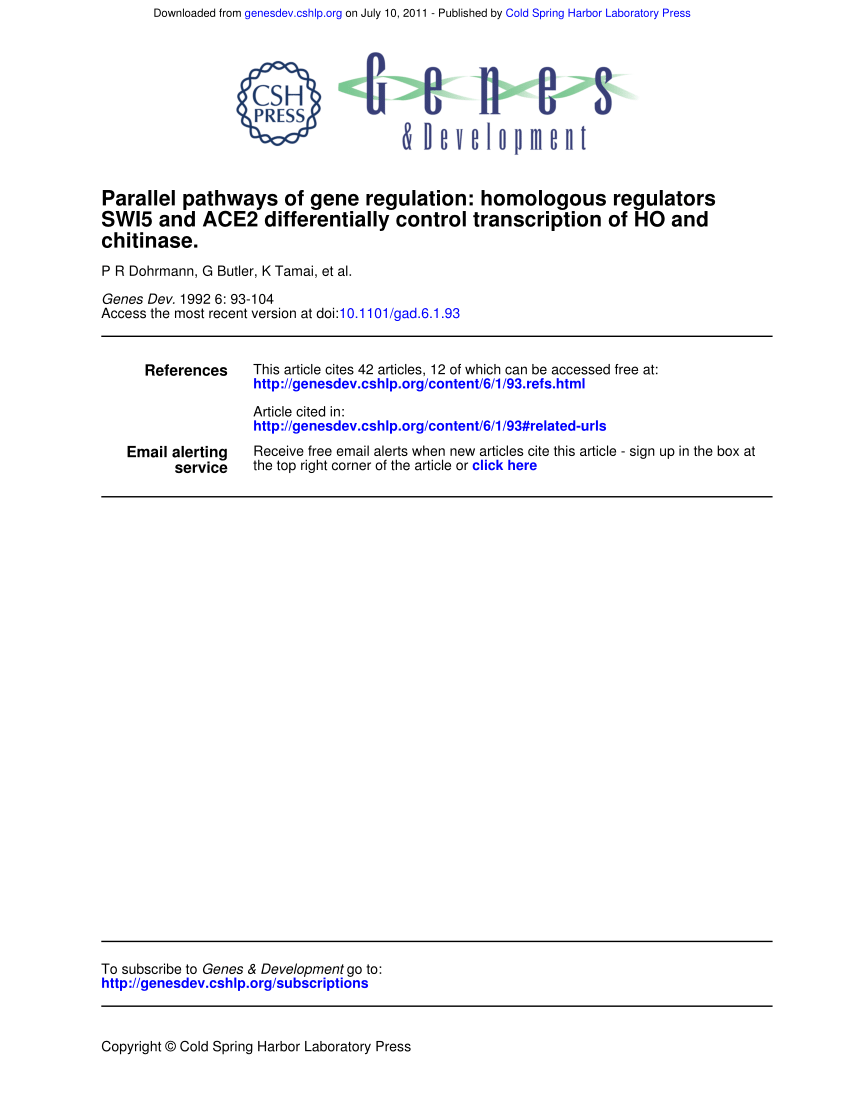 (PDF) Parallel pathways of gene regulation: Homologous regulators SWI5 Sns-Brigh10