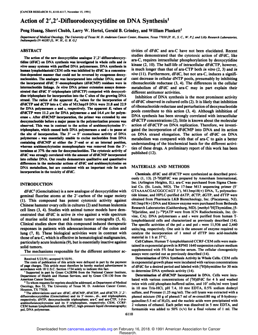 Pdf Action Of 2 2 Difluorodeoxycytidine On Dna Synthesis