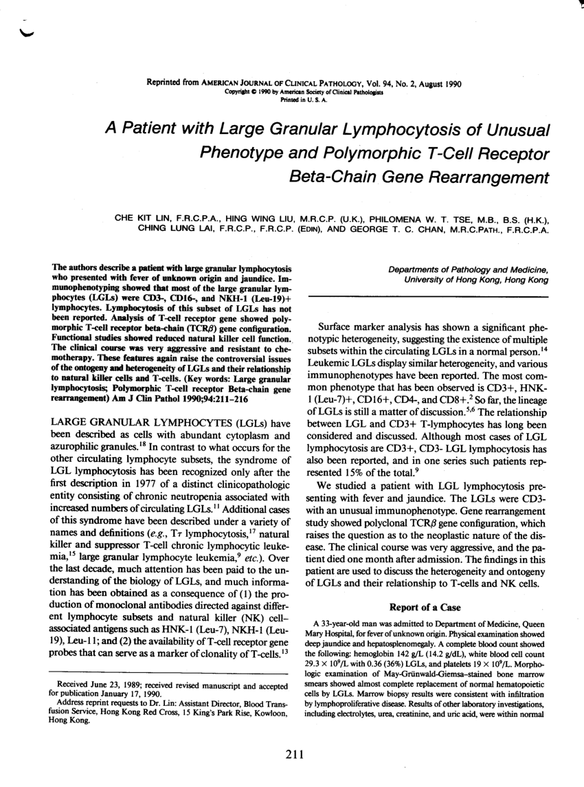 Pdf A Patient With Large Granular Lymphocytosis Of Unusual Phenotype And Polymorphic T Cell Receptor Beta Chain Gene Rearrangement
