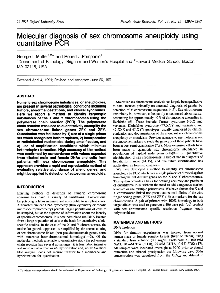 Pdf Molecular Diagnosis Of Sex Chromosome Aneuploidy Using