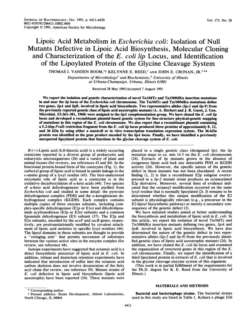 PDF) Lipoic acid metabolism in Escherichia coli: Isolation of null ...