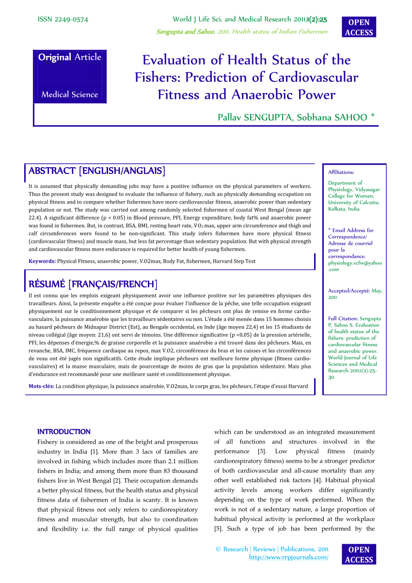 Pdf Evaluation Of Health Status Of Fishers Prediction Of Cardiovascular Fitness And Anaerobic Power