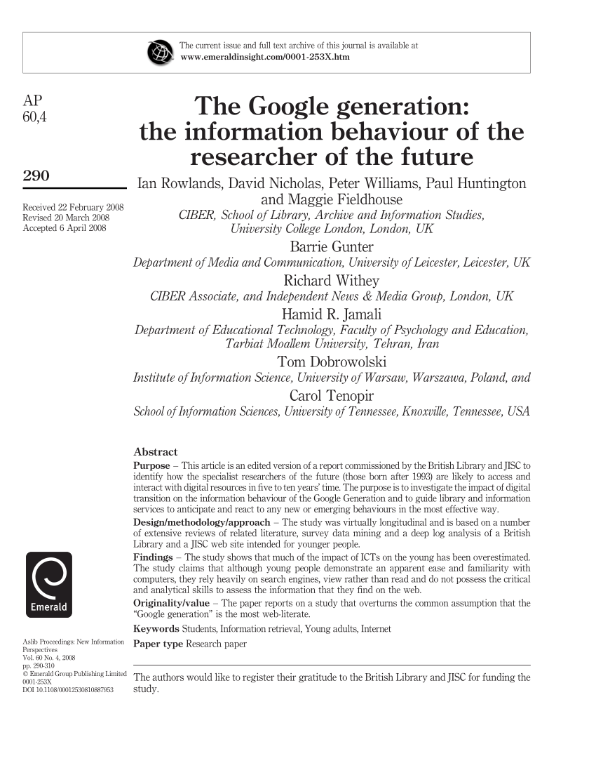 Mammoth Perennial Arbejdskraft PDF) The Google generation: The information behaviour of the researcher of  the future
