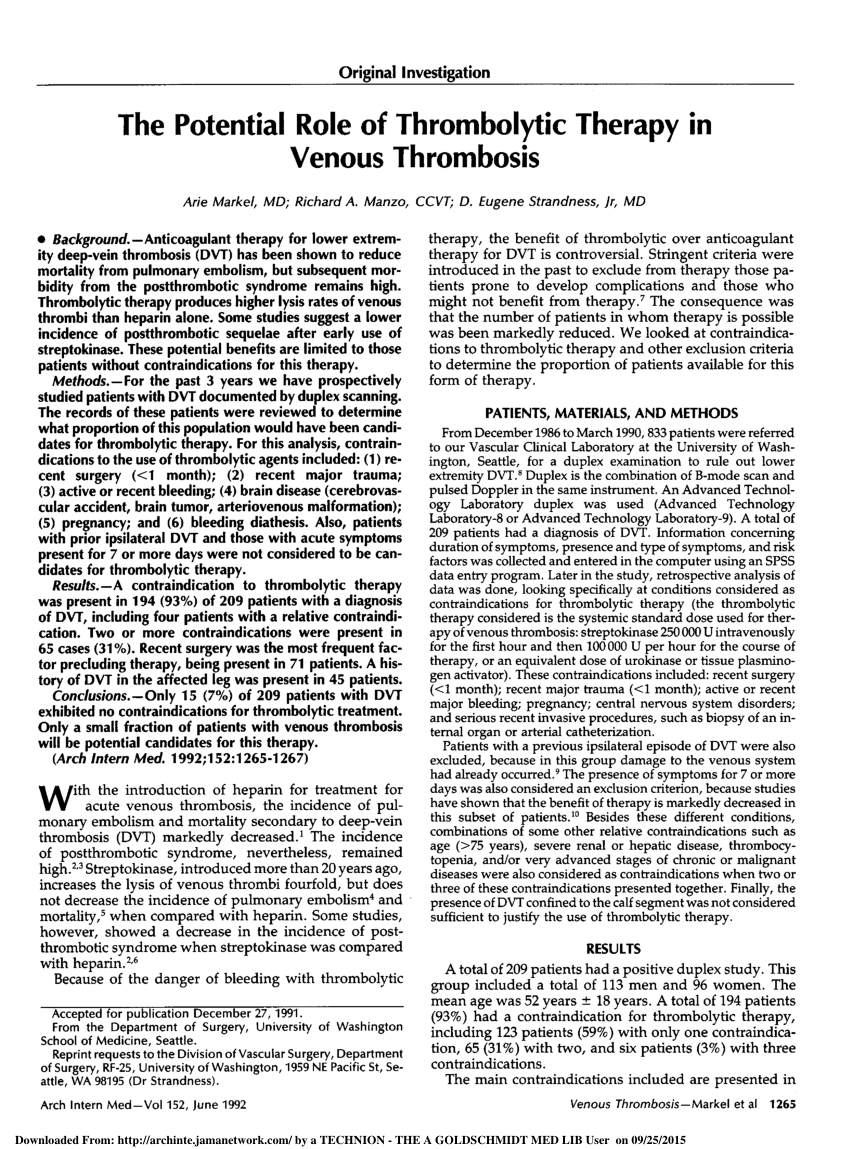 PDF The potential role of thrombolytic therapy in venous thrombosis