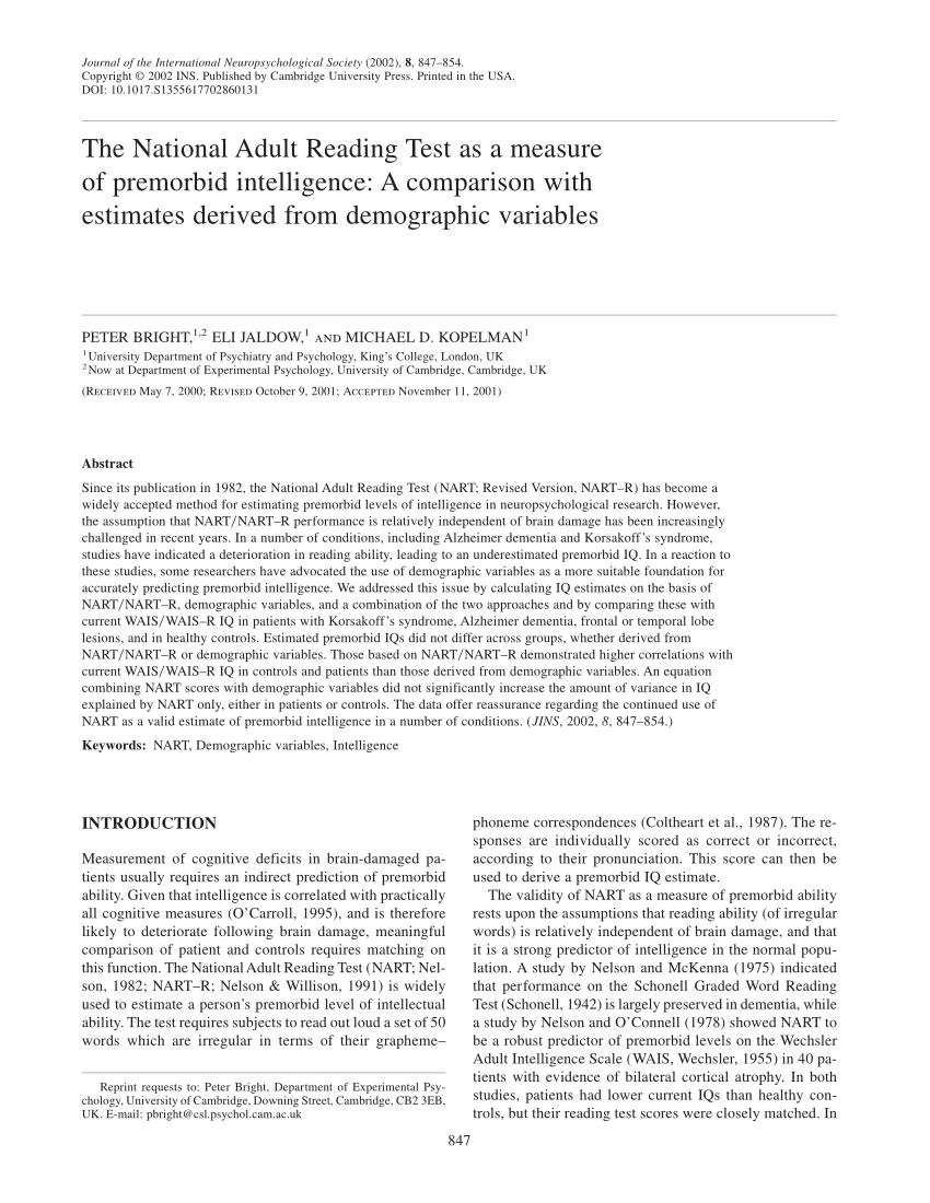 Relation between NART (National Adult Reading Test) and Schonell