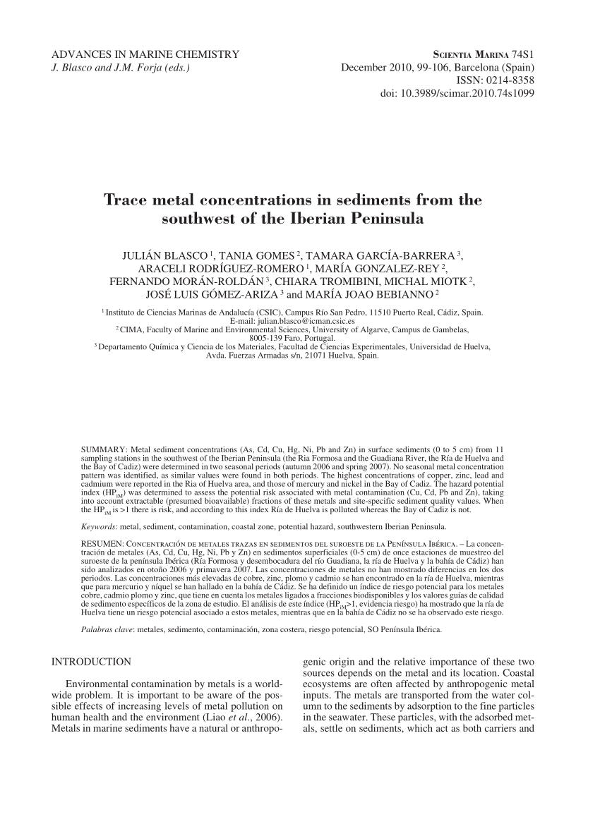 Pdf Trace Metal Concentrations In Sediments From The Southwest Of The Iberian Peninsula