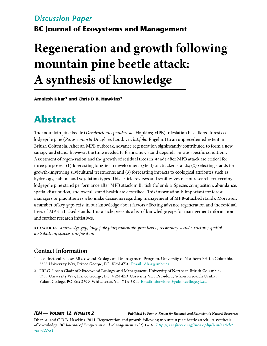 Pdf Regeneration And Growth Following Mountain Pine Beetle