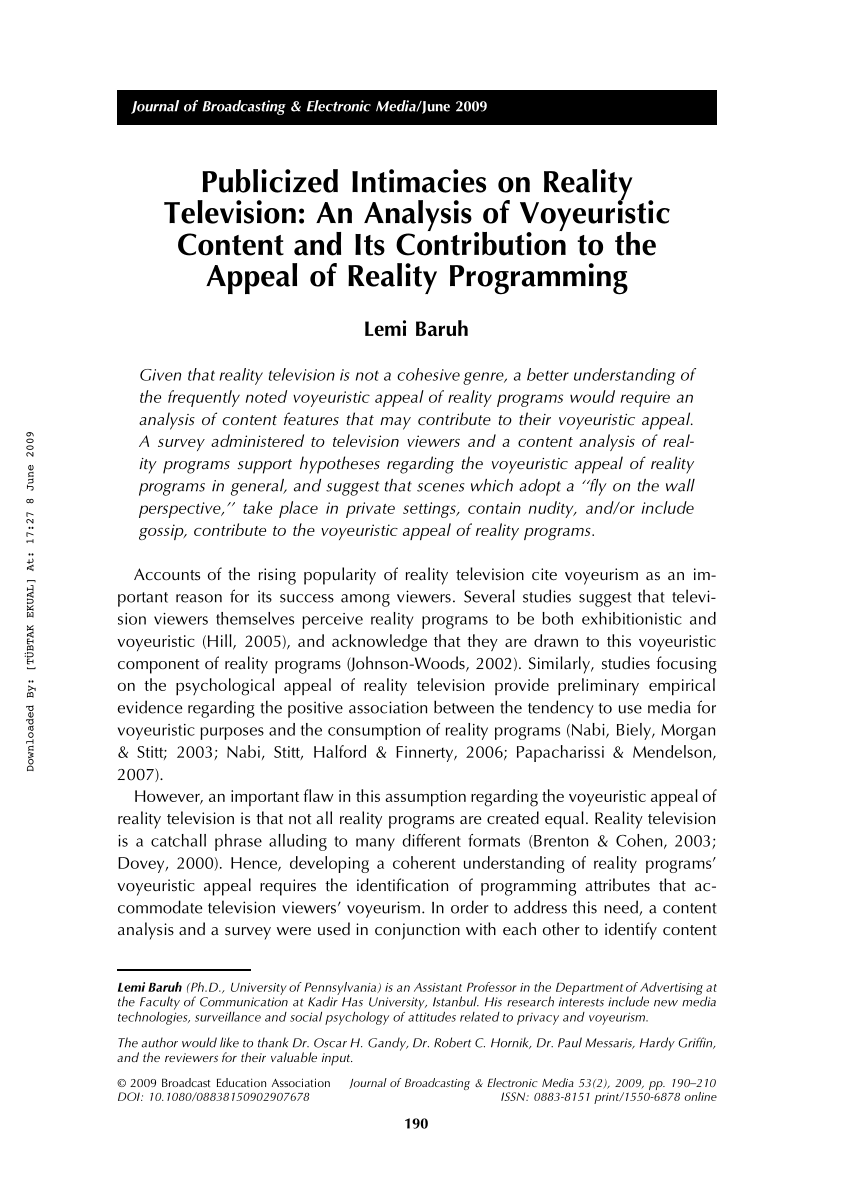 PDF) Publicized Intimacies on Reality Television An Analysis of Voyeuristic Content and Its Contribution to the Appeal of Reality Programming image