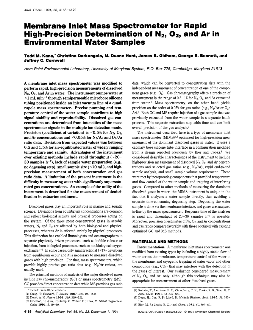 Pdf Membrane Inlet Mass Spectrometer For Rapid High Precision Determination Of N2 O2 And Ar In Environmental Water Samples