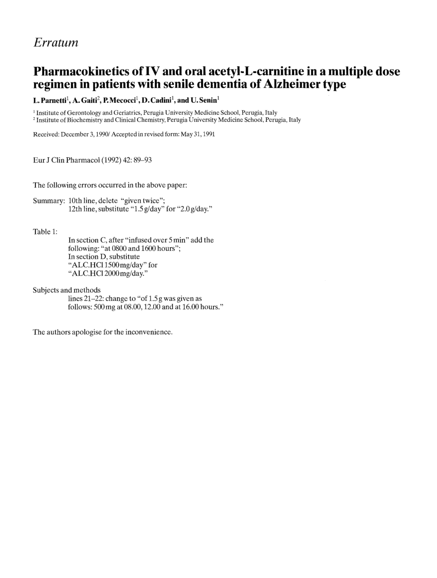 (PDF) of IV and oral acetylLcarnitine in a multiple dose regimen in patients