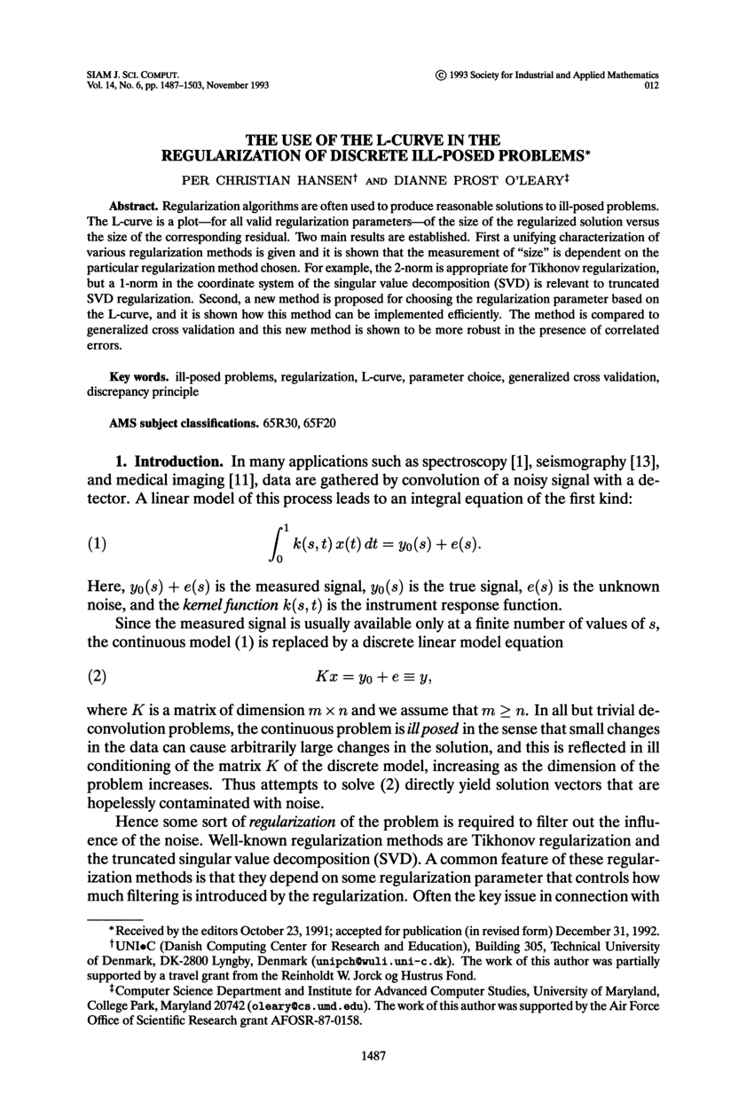 Pdf The Use Of The L Curve In The Regularization Of Discrete Ill Posed Problems