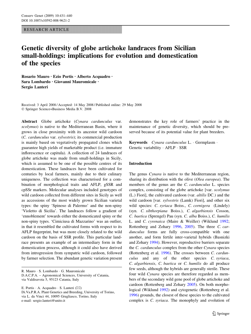 Pdf Genetic Diversity Of Globe Artichoke Landraces From Sicilian