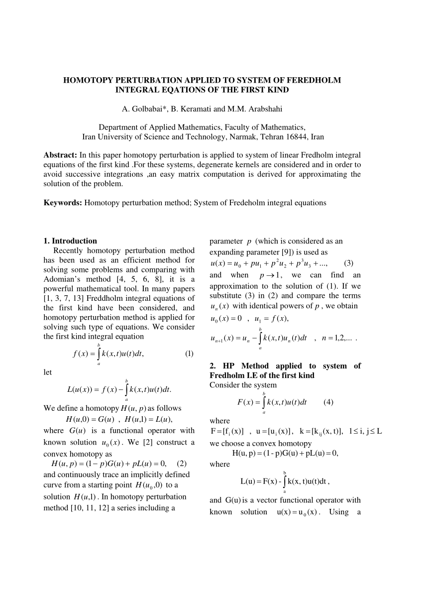Pdf Homotopy Perturbation Applied To System Of Feredholm Integral Eqations Of The First Kind