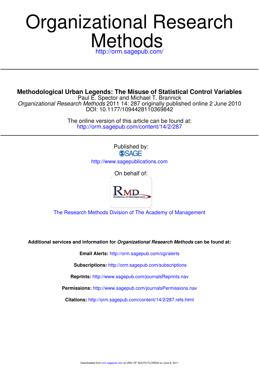 PDF) Methodological Urban Legends: The Misuse of Statistical Control  Variables