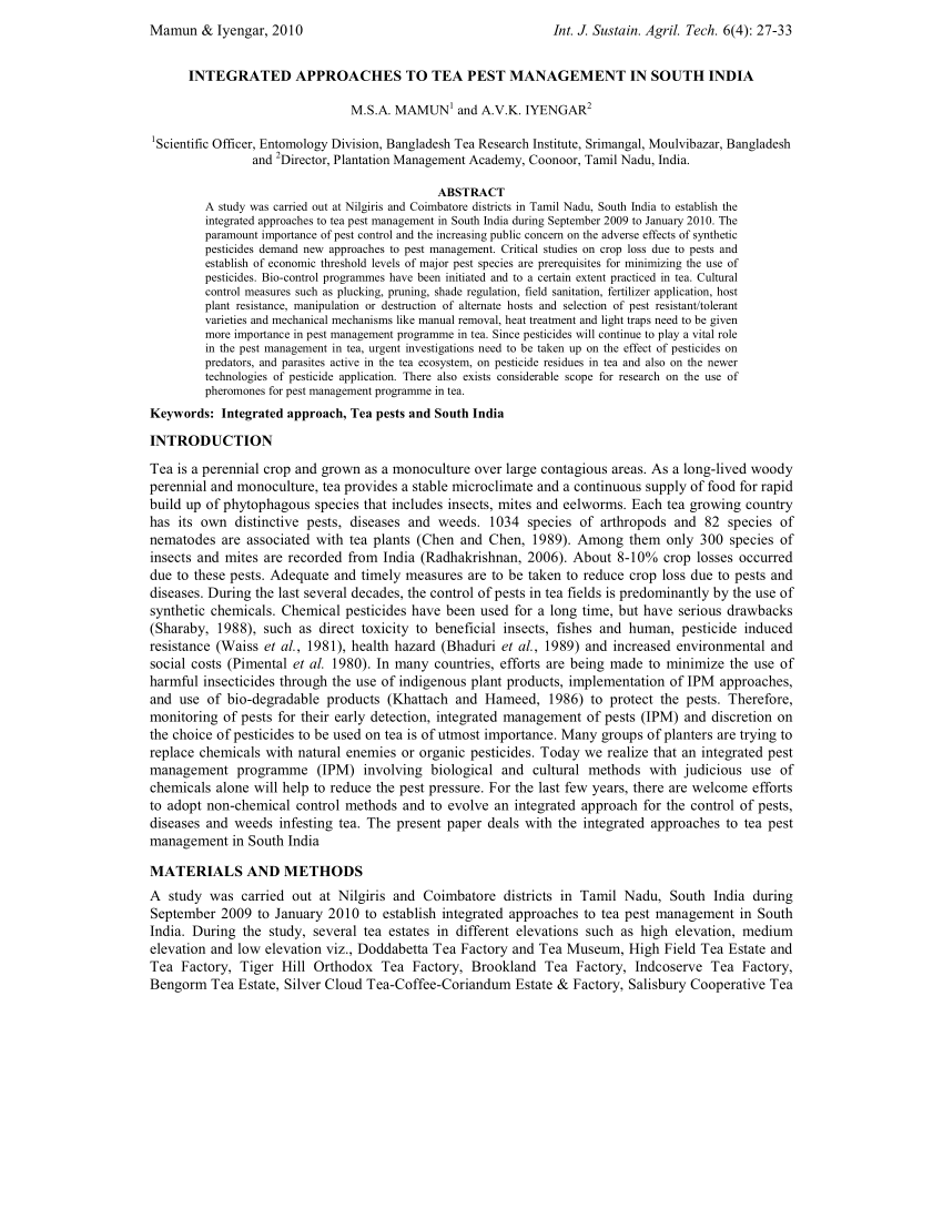 (PDF) Integrated approaches to tea pest management in south India