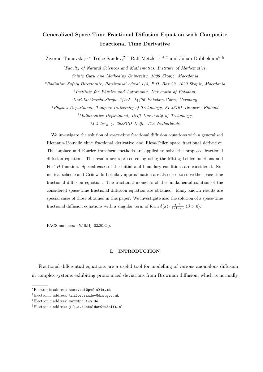 Pdf Generalized Space Time Fractional Diffusion Equation With Composite Fractional Time Derivative
