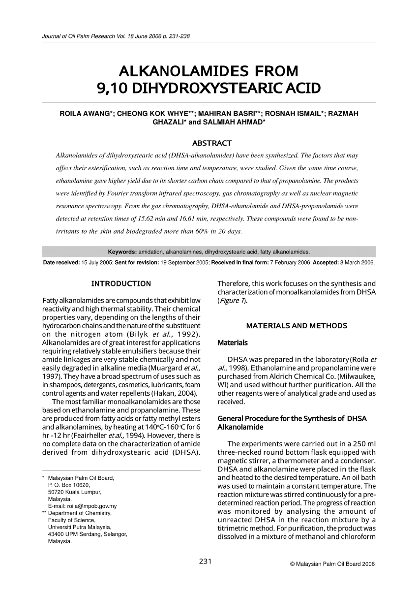 (PDF) Alkanolamides from 9,10Dihydroxystearic Acid