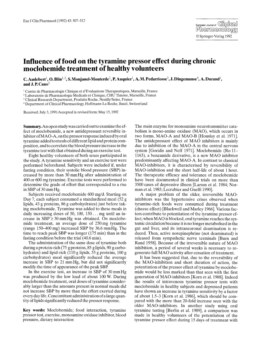 Pdf Influence Of Food On The Tyramine Pressor Effect During Chronic Moclobemide Treatment Of Healthy Volunteers