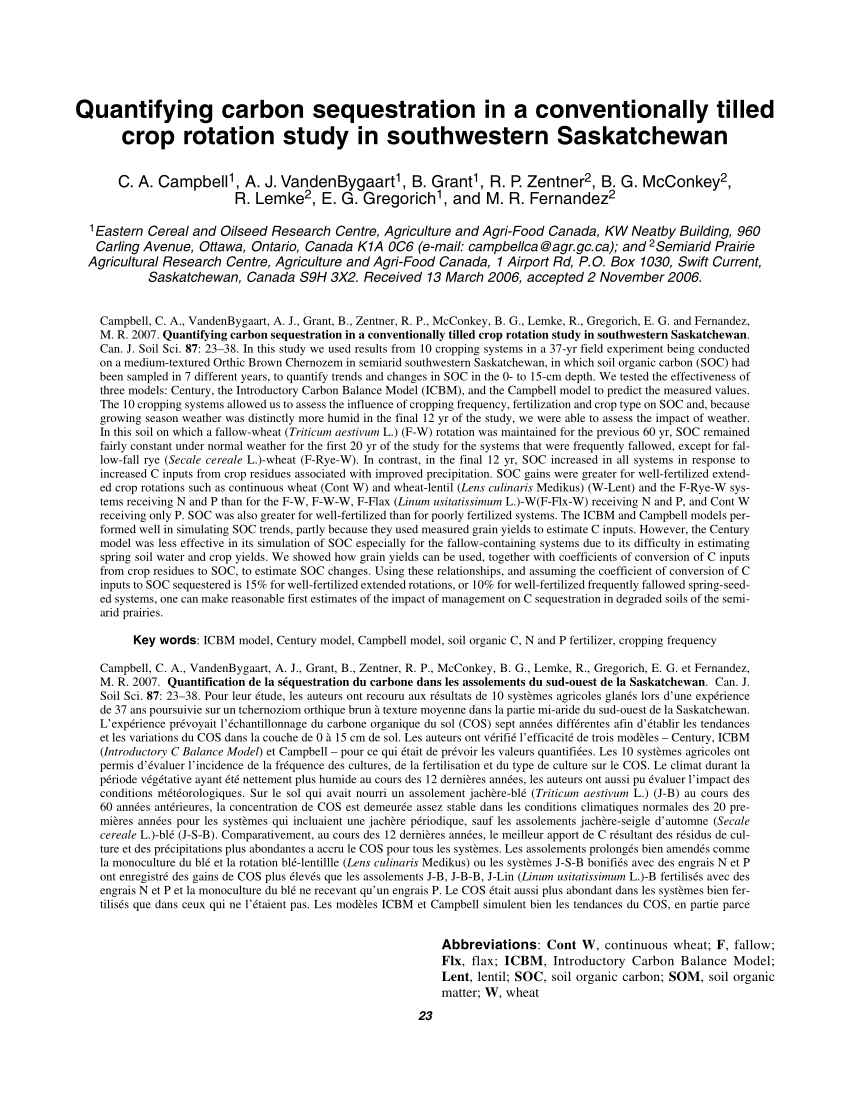 Pdf Quantifying Carbon Sequestration In A Conventionally Tilled Crop Rotation Study In Southwestern Saskatchewan