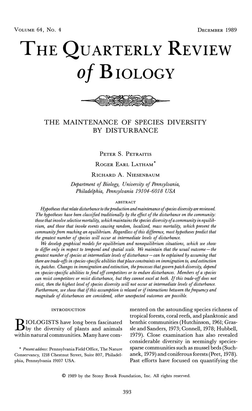 (PDF) The Maintenance of Species Diversity by Disturbance