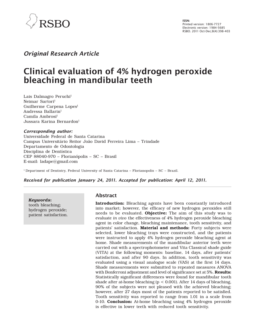 Pdf Clinical Evaluation Of 4 Hydrogen Peroxide Bleaching In Mandibular Teeth