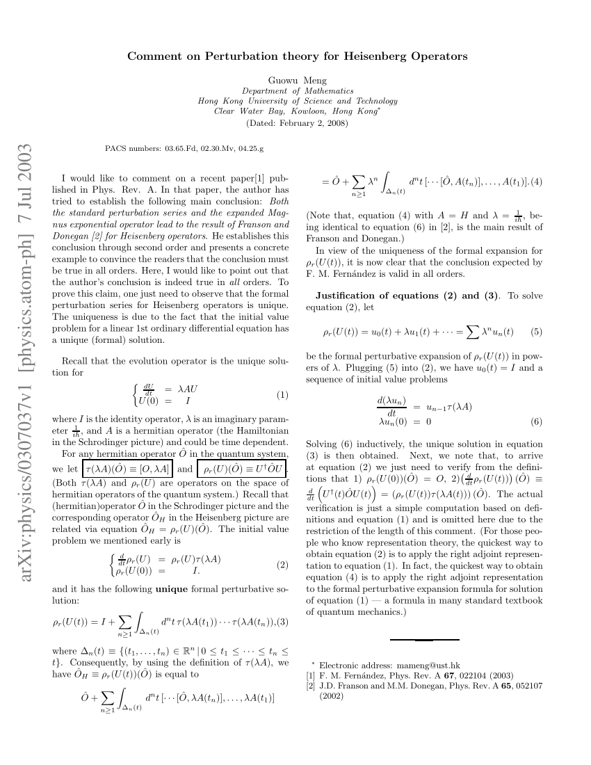 Pdf Comment On Perturbation Theory For Heisenberg Operators