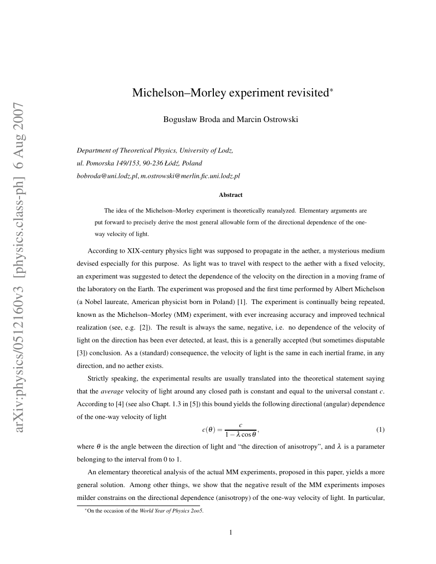 Pdf Michelson Morley Experiment Revisited