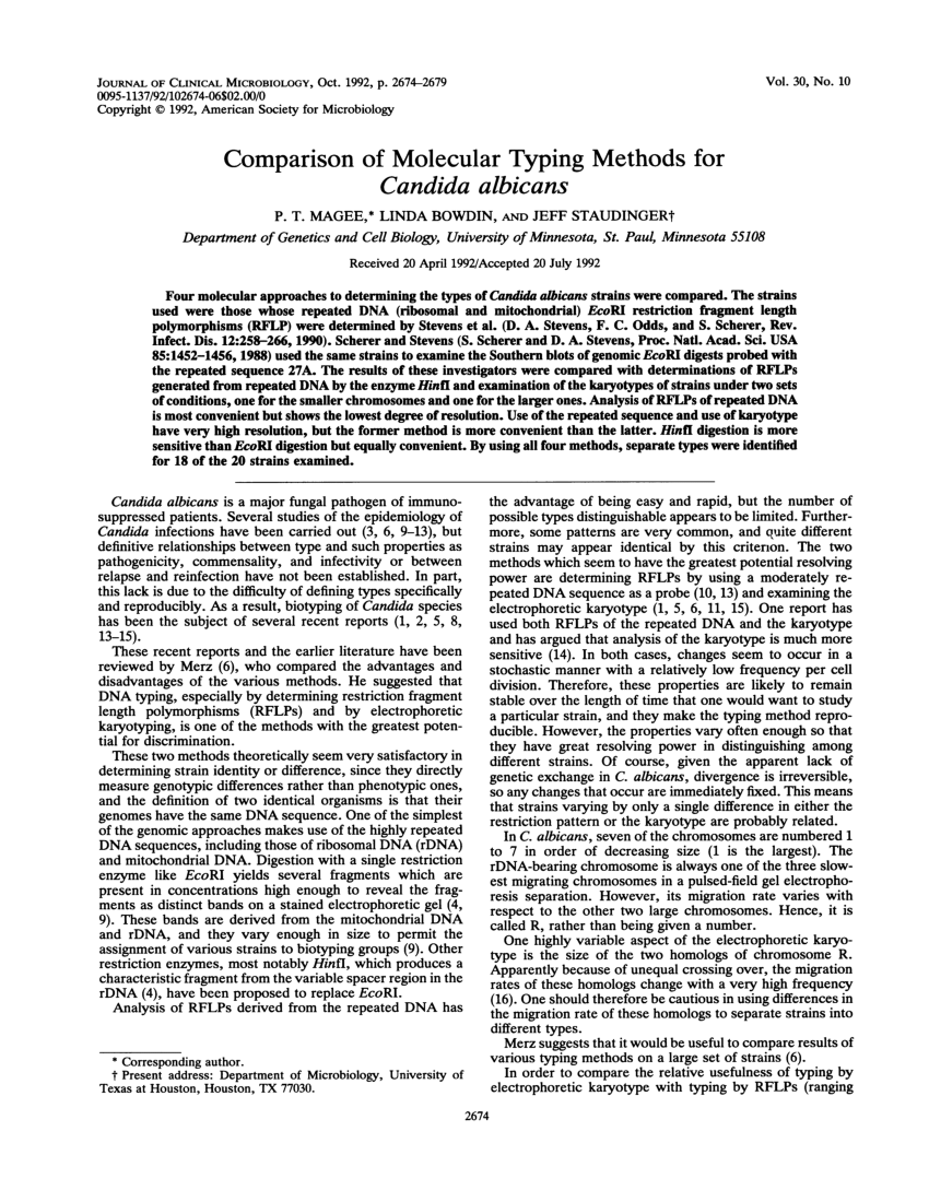 Pdf Comparison Of Molecular Typing Methods For Candida Albicans 