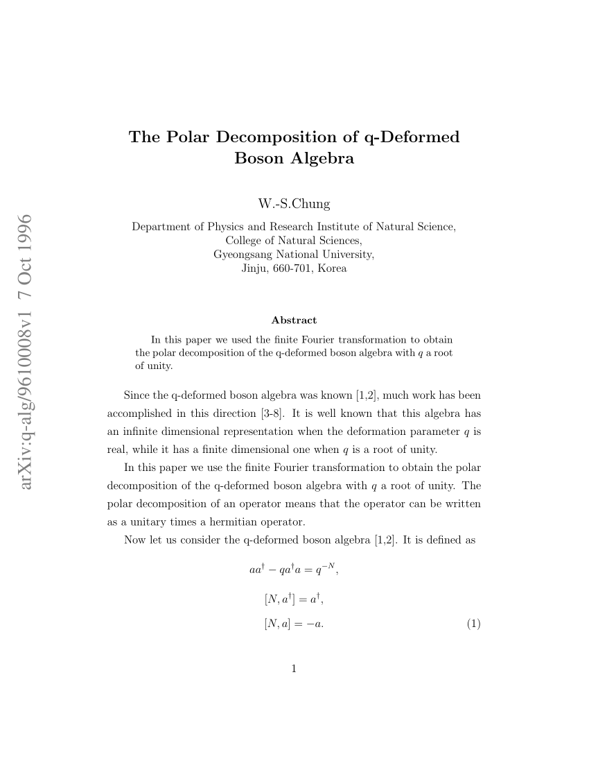 Pdf The Polar Decomposition Of Q Deformed Boson Algebra