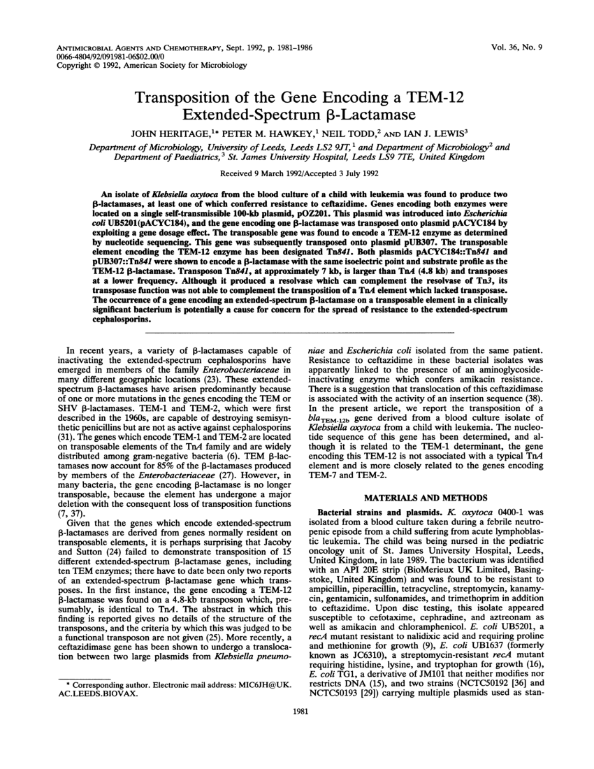 PDF) Transposition of the gene encoding a TEM-12 extended-spectrum ...