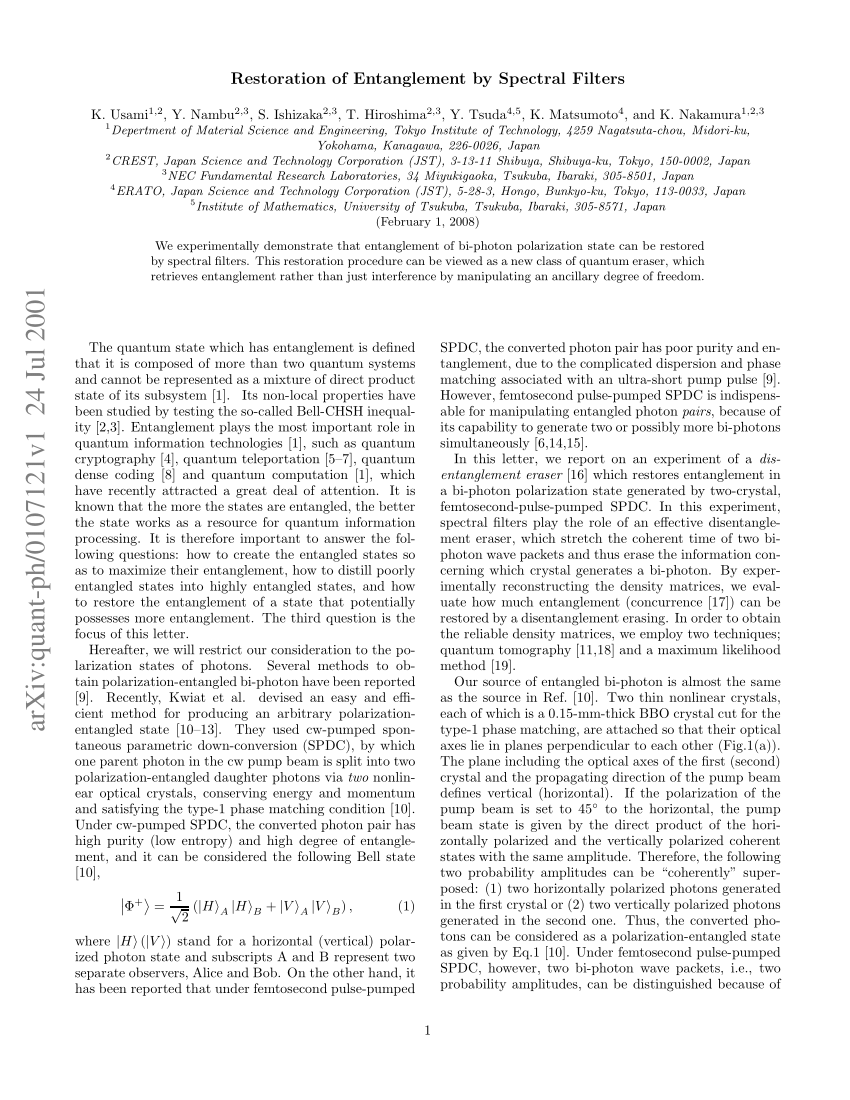 Pdf Restoration Of Entanglement By Spectral Filters