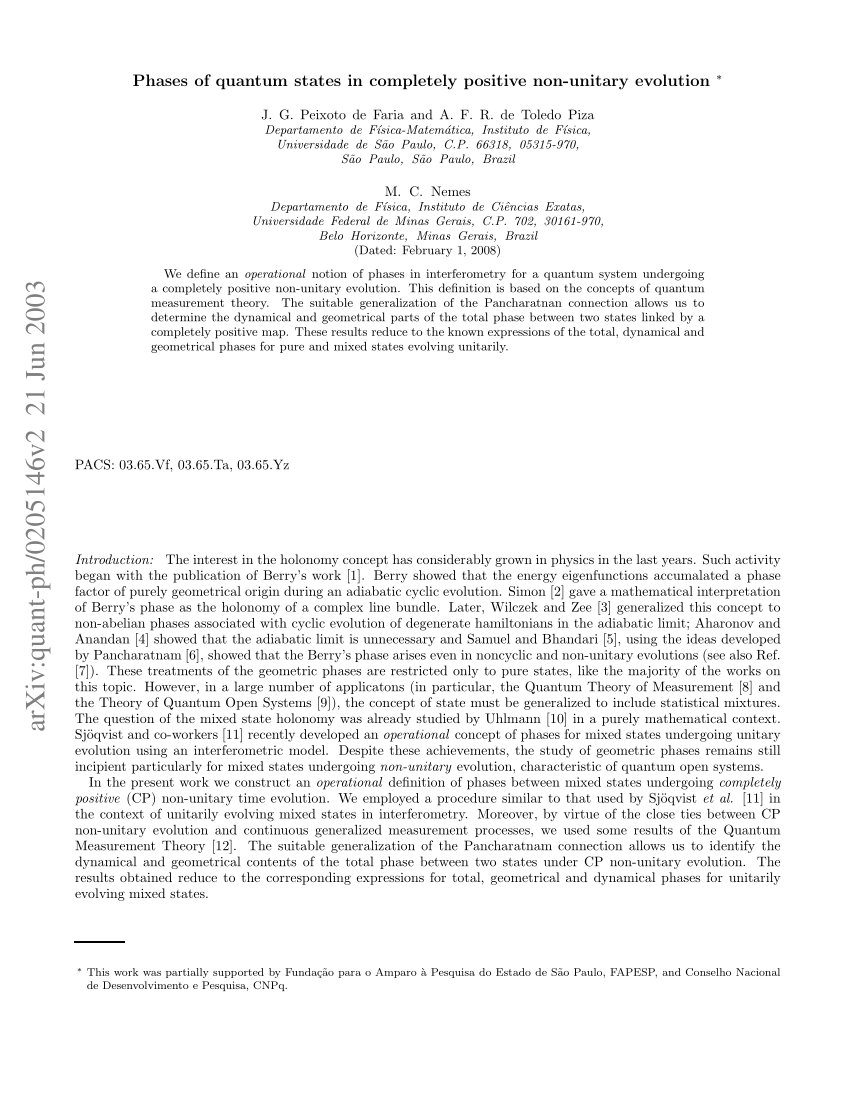 Pdf Phases Of Quantum States In Completely Positive Non Unitary Evolution