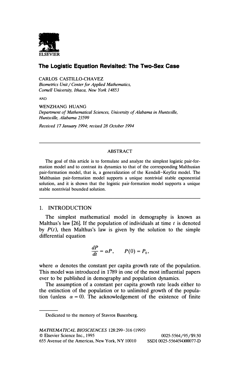 Pdf The Logistic Equation Revisited The Two Sex Case 1988