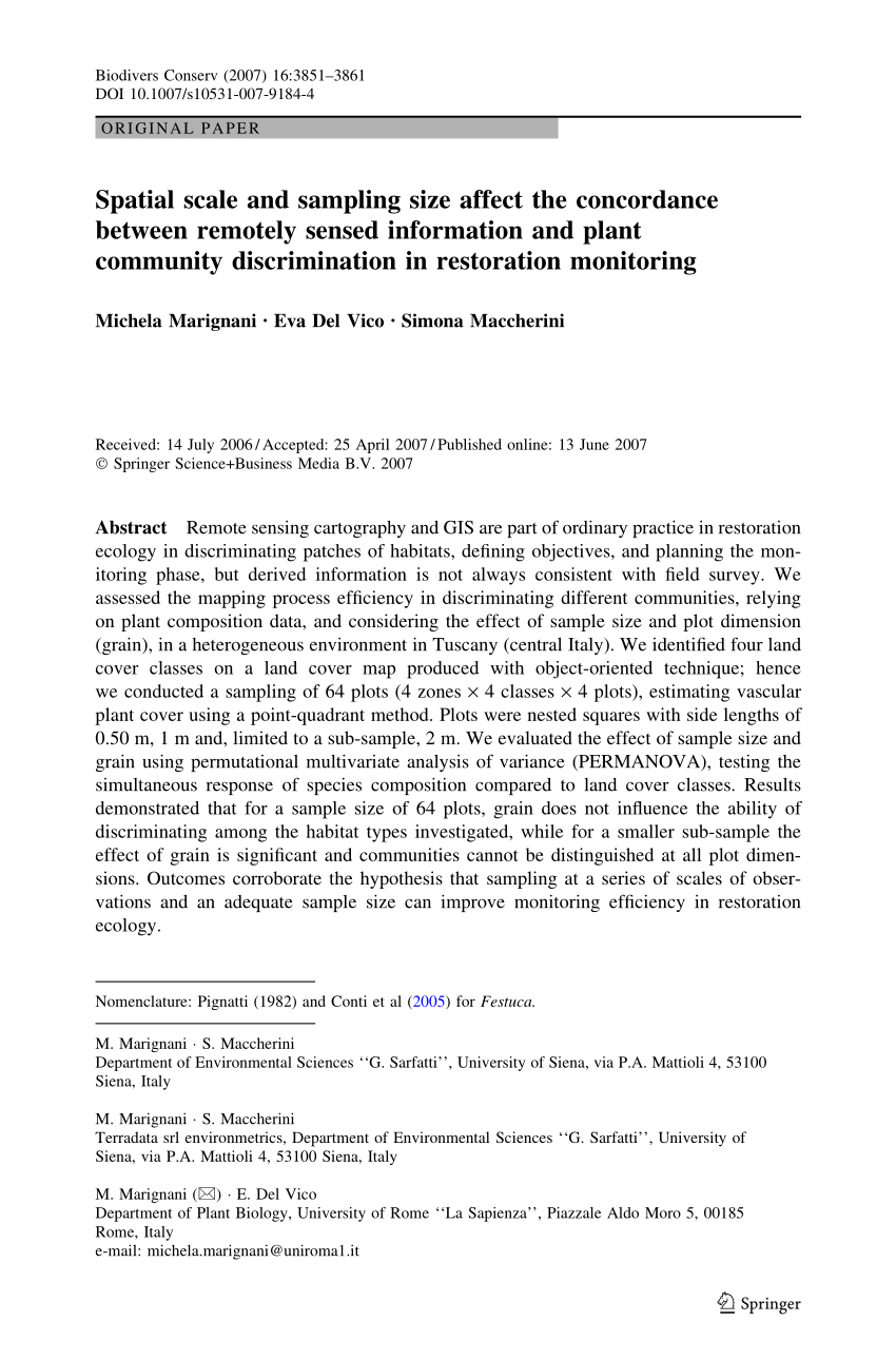 PDF) Spatial scale and sampling size affect the concordance between  remotely sensed information and plant community discrimination in  restoration monitoring