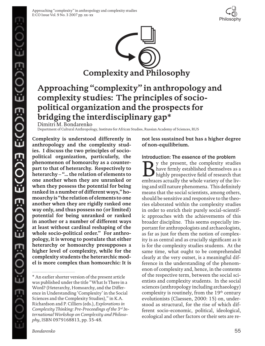 Pdf Approaching Complexity In Anthropology And Complexity Studies The Principles Of Socio Political Organization And Prospects For Bridging The Interdisciplinary Gap