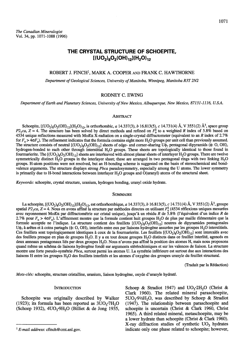 Pdf The Crystal Structure Of Schoepite Uo2 8o2 Oh 12 H 2o 12