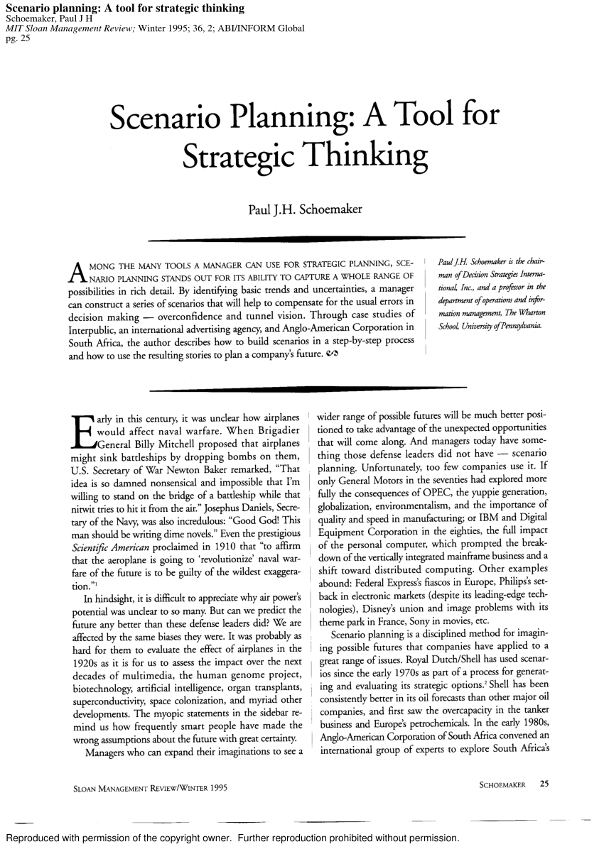 Pdf Scenario Planning A Tool For Strategic Thinking