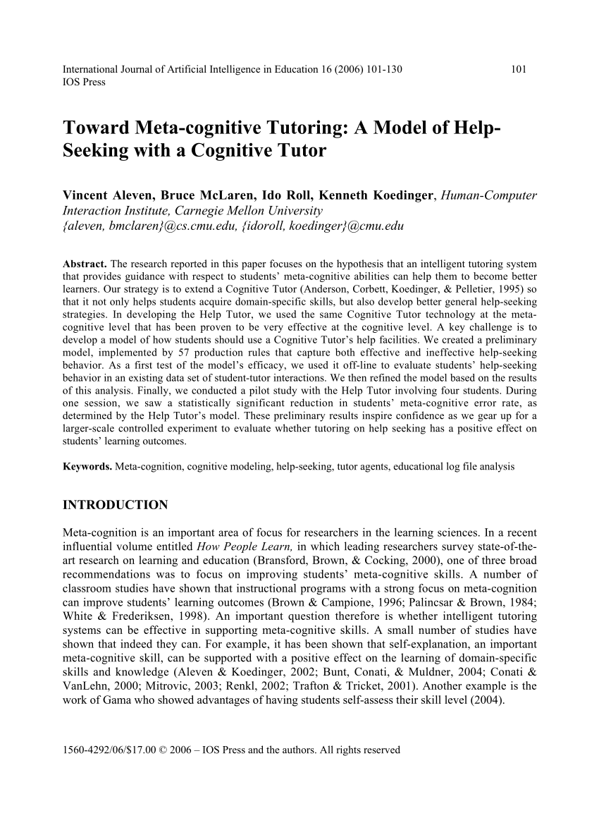 PDF) Toward Meta-cognitive Tutoring: A Model of Help Seeking with
