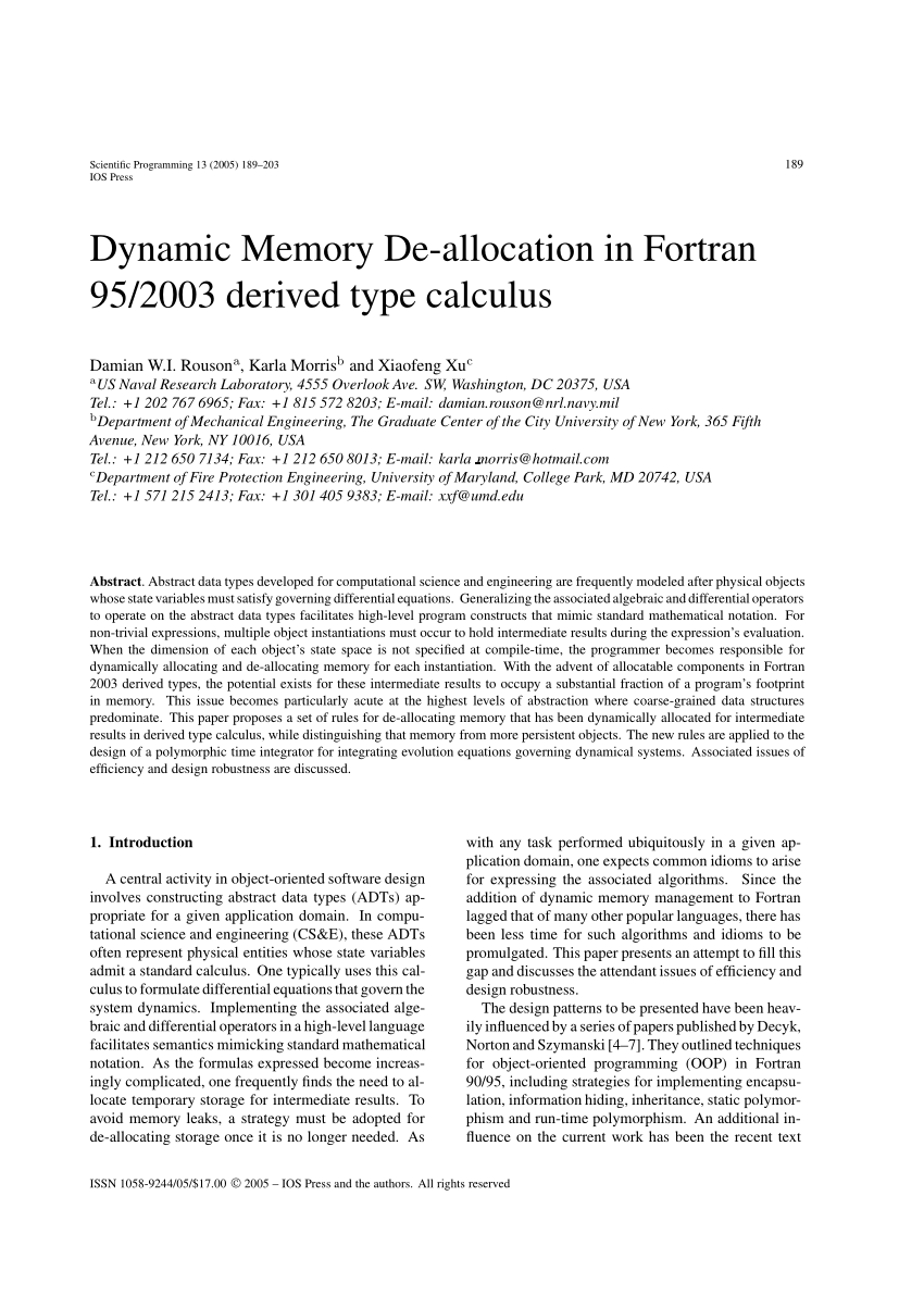 Pdf Dynamic Memory De Allocation In Fortran 95 03 Derived Type Calculus