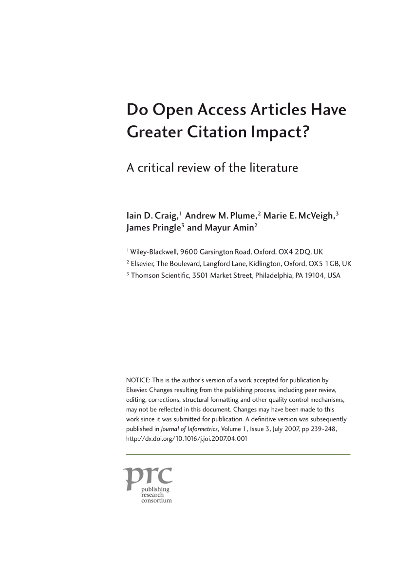 Pdf Do Open Access Articles Have Greater Citation Impact A Critical Review Of The Literature