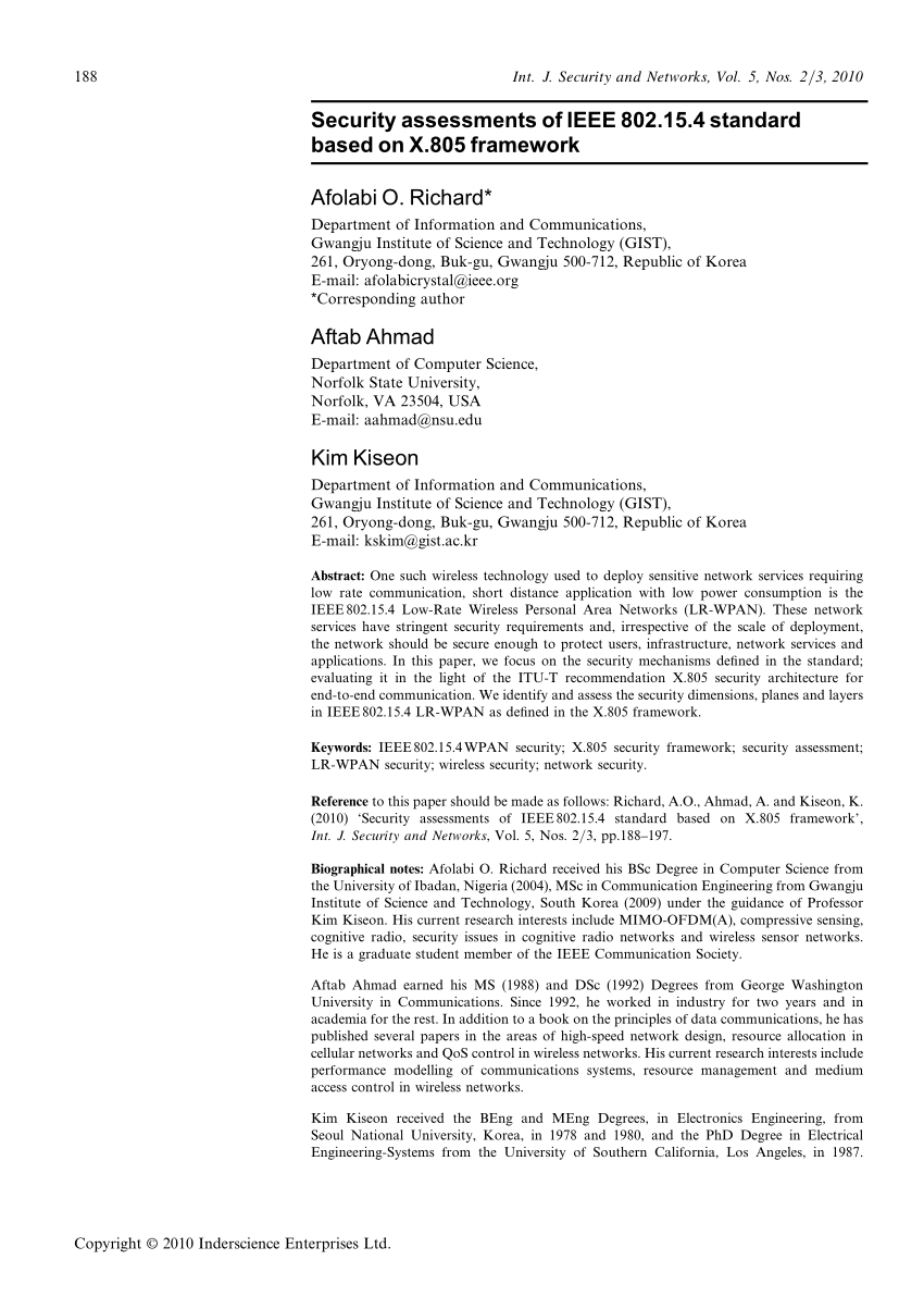 (PDF) Security assessments of IEEE 802.15.4 standard based on X.805 Sns-Brigh10