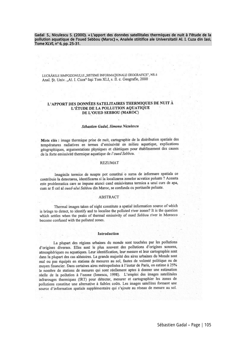 Pdf L Apport Des Donnees Satellitales Thermiques De Nuit A L Etude De La Pollution Aquatique De L Oued Sebbou Maroc