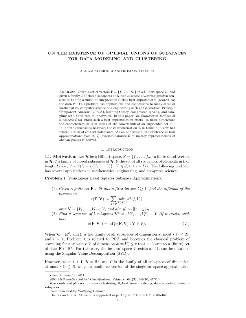 Pdf On The Existence Of Optimal Unions Of Subspaces For Data Modeling And Clustering