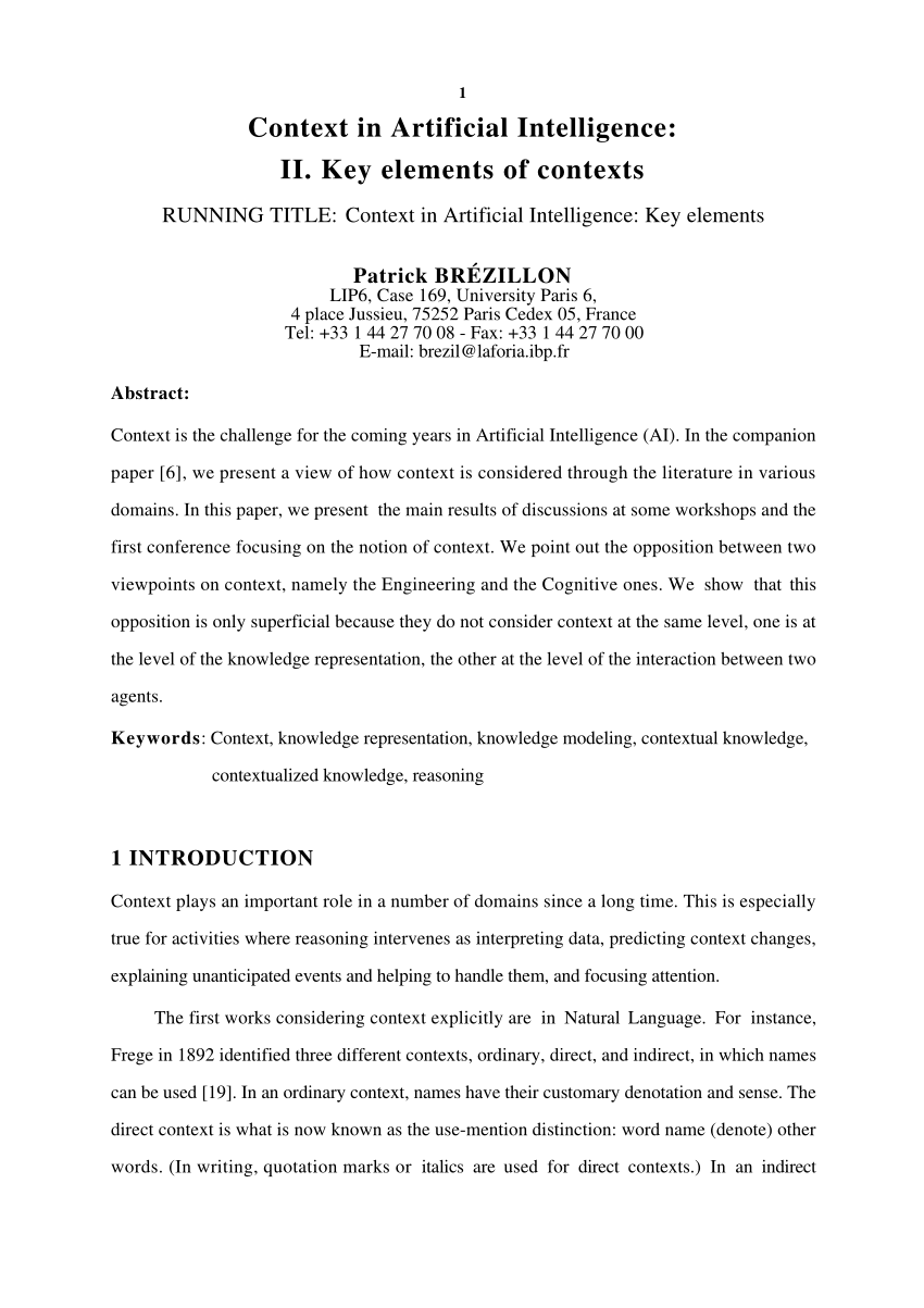 (PDF) Context in Artificial Intelligence II. Key Elements of Contexts.