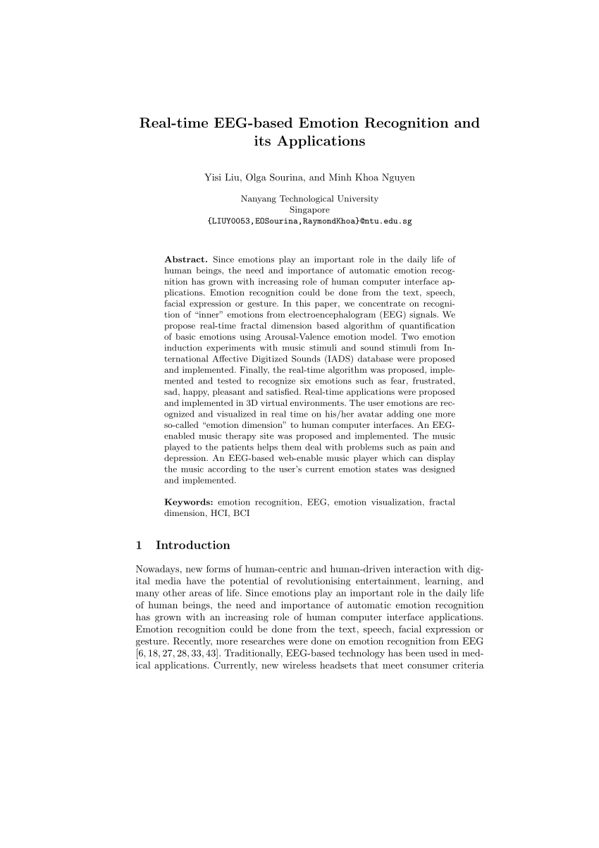 Pdf Real Time Eeg Based Emotion Recognition And Its Applications