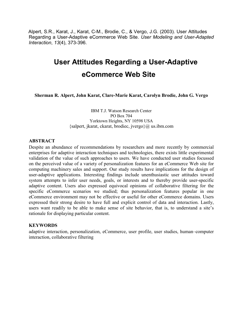 PDF User Attitudes Regarding a User Adaptive Ecommerce Web Site