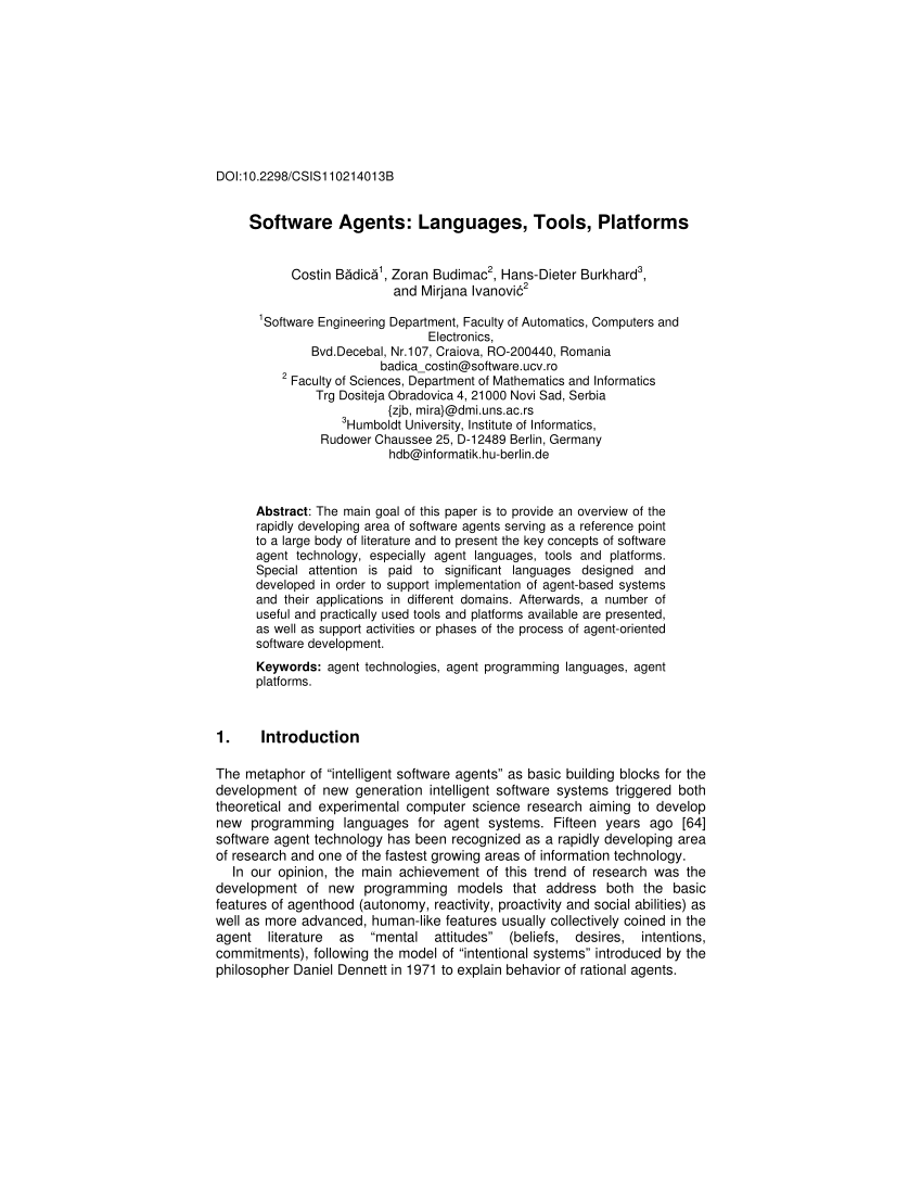 Pdf Software Agents Languages Tools Platforms