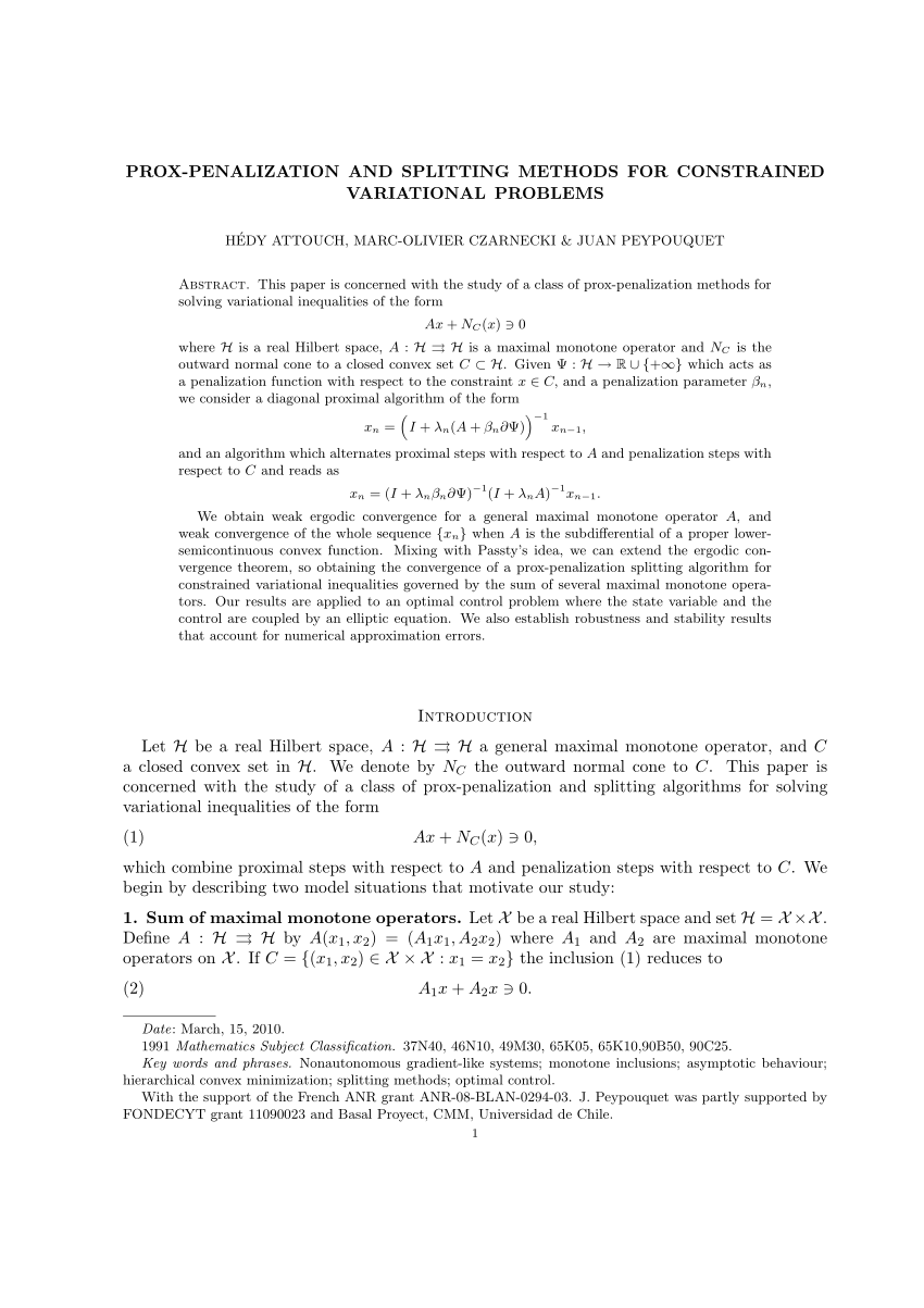 Pdf Prox Penalization And Splitting Methods For Constrained Variational Problems